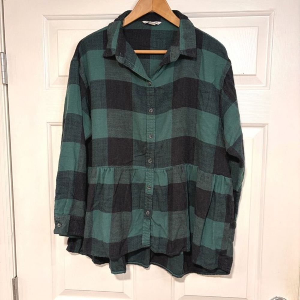 American Eagle Women M Green Plaid Oversized Tiered Babydoll Flannel Shirt Soft - Picture 3 of 7